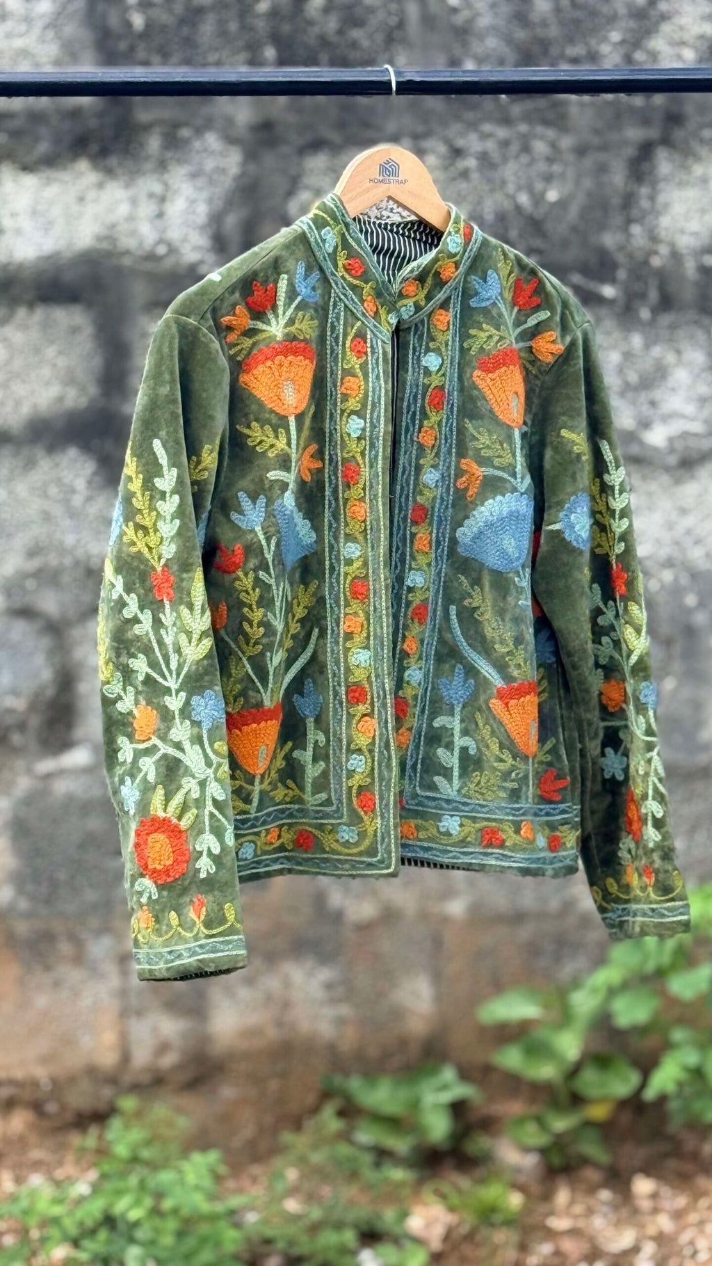 Womens Olive Green Velvet Embroidered Jacket with Floral Design