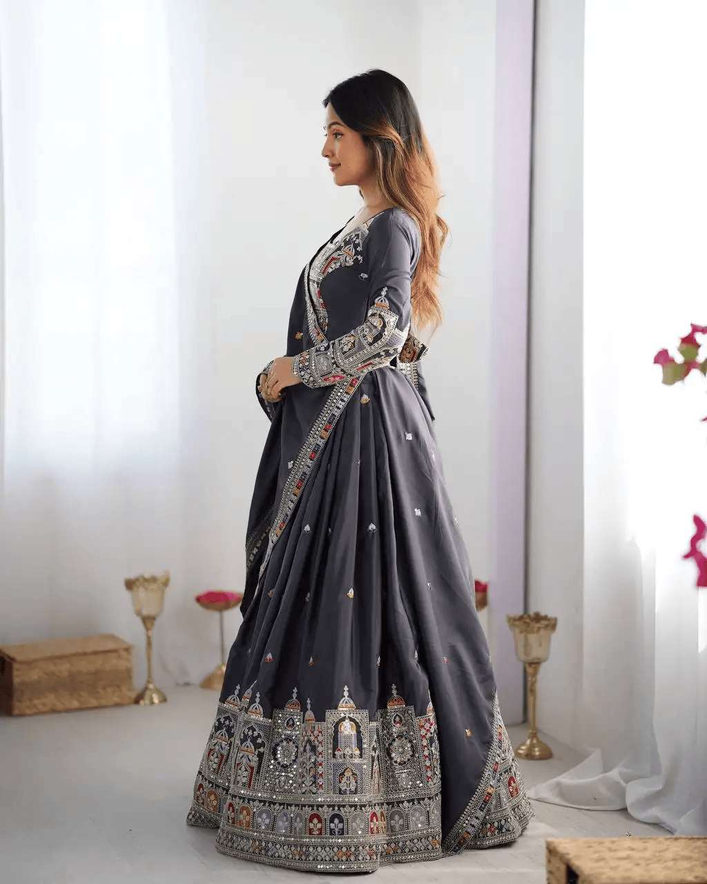 Women's Crepe Silk Sequence Embroidery and Zari Work Rajsthani Lehenga Choli with Dupatta