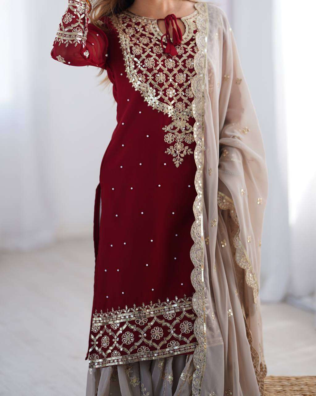 Women's Faux Georgette Sequins Embroidered Straight Kurta With Sharara Suit and Dupatta Set