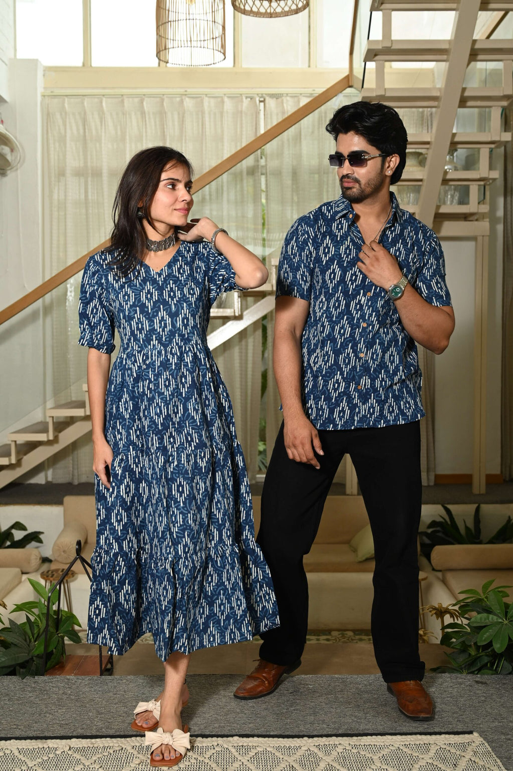 Couple Matching Blue Ikat Print Cotton Anarkali Midi Dress and Shirt Set