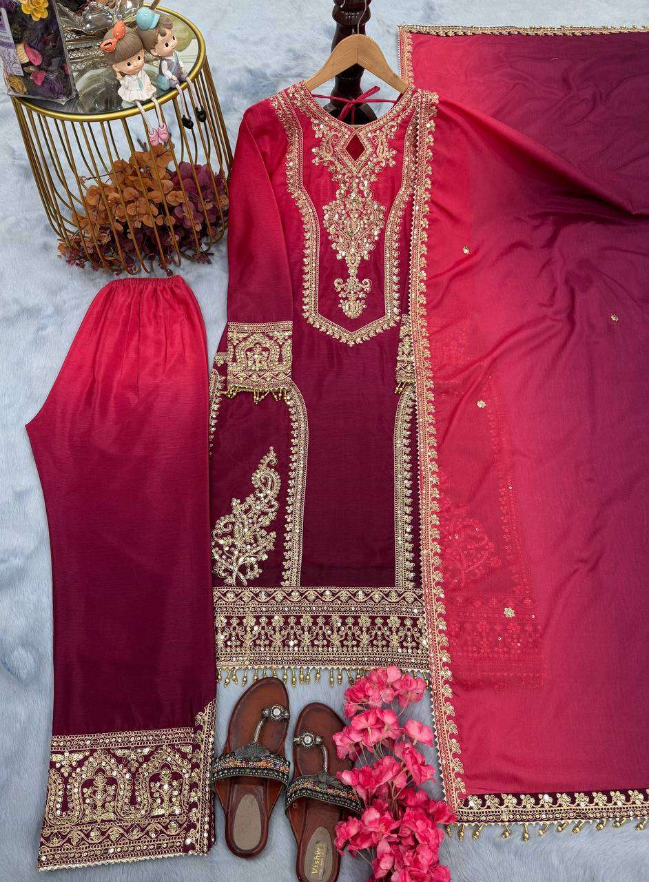 Women's Chinon Silk Embroidery Straight Pakistani Salwar Suit and Dupatta