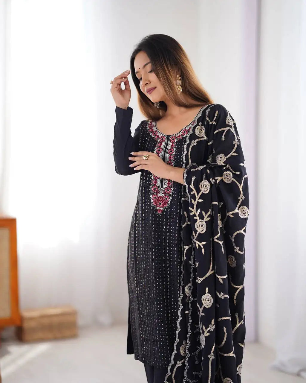Women's Chinon Silk Sequence And Thread Work Straight Kurti With Pant and Dupatta Set