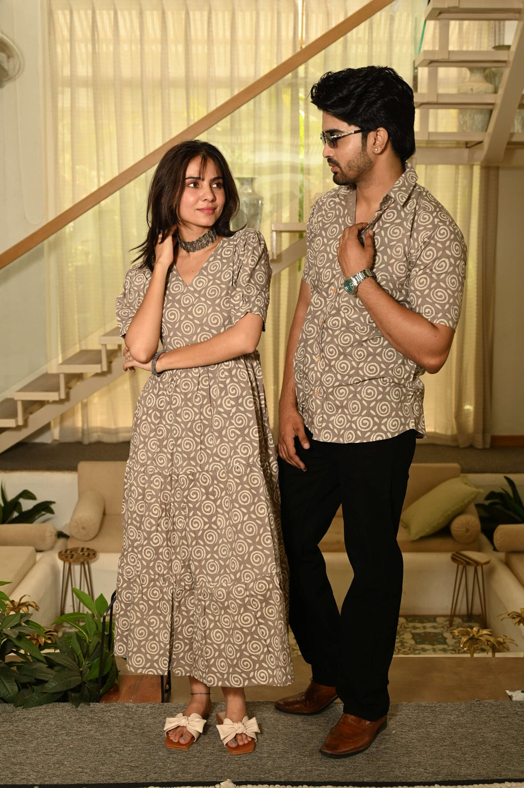 Couple Matching Beige Cotton Anarkali Midi Dress and Shirt Set ? Swirl Block Print