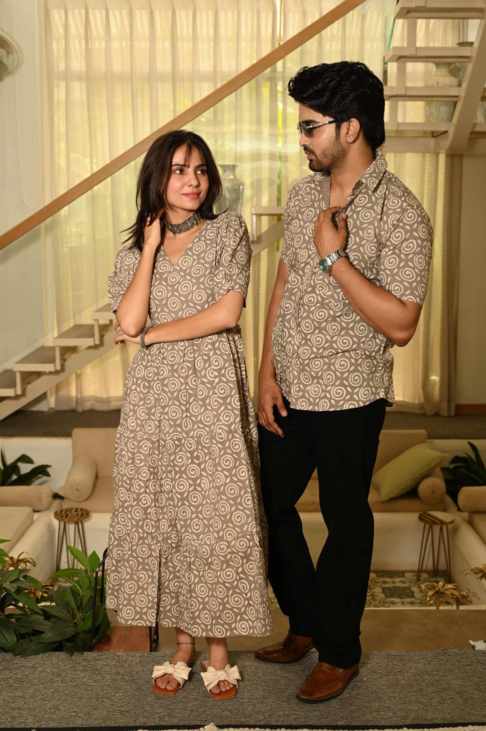 Couple Matching Beige Cotton Anarkali Midi Dress and Shirt Set ? Swirl Block Print
