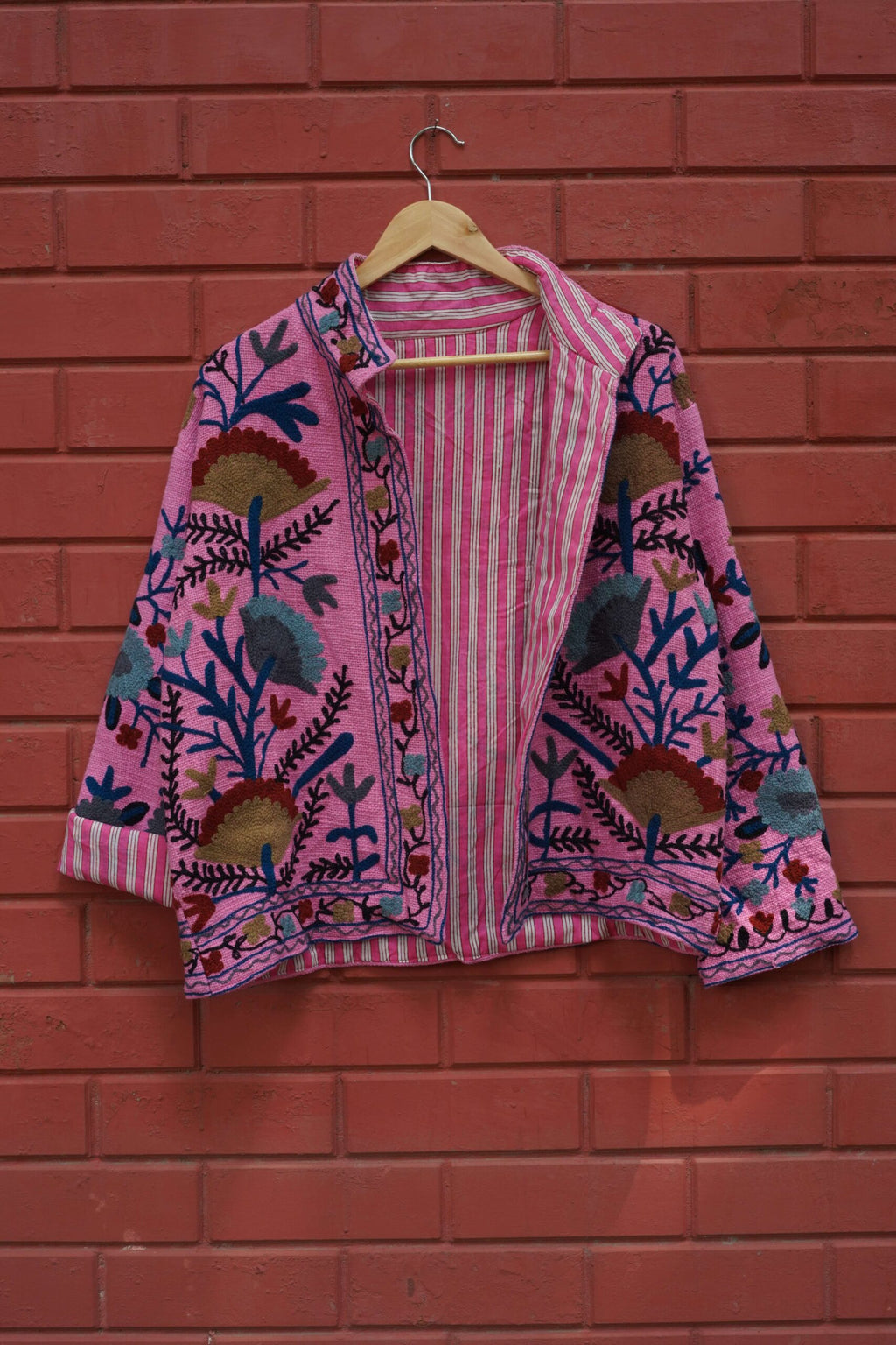 Womens Pink Velvet Embroidered Jacket with Floral Design