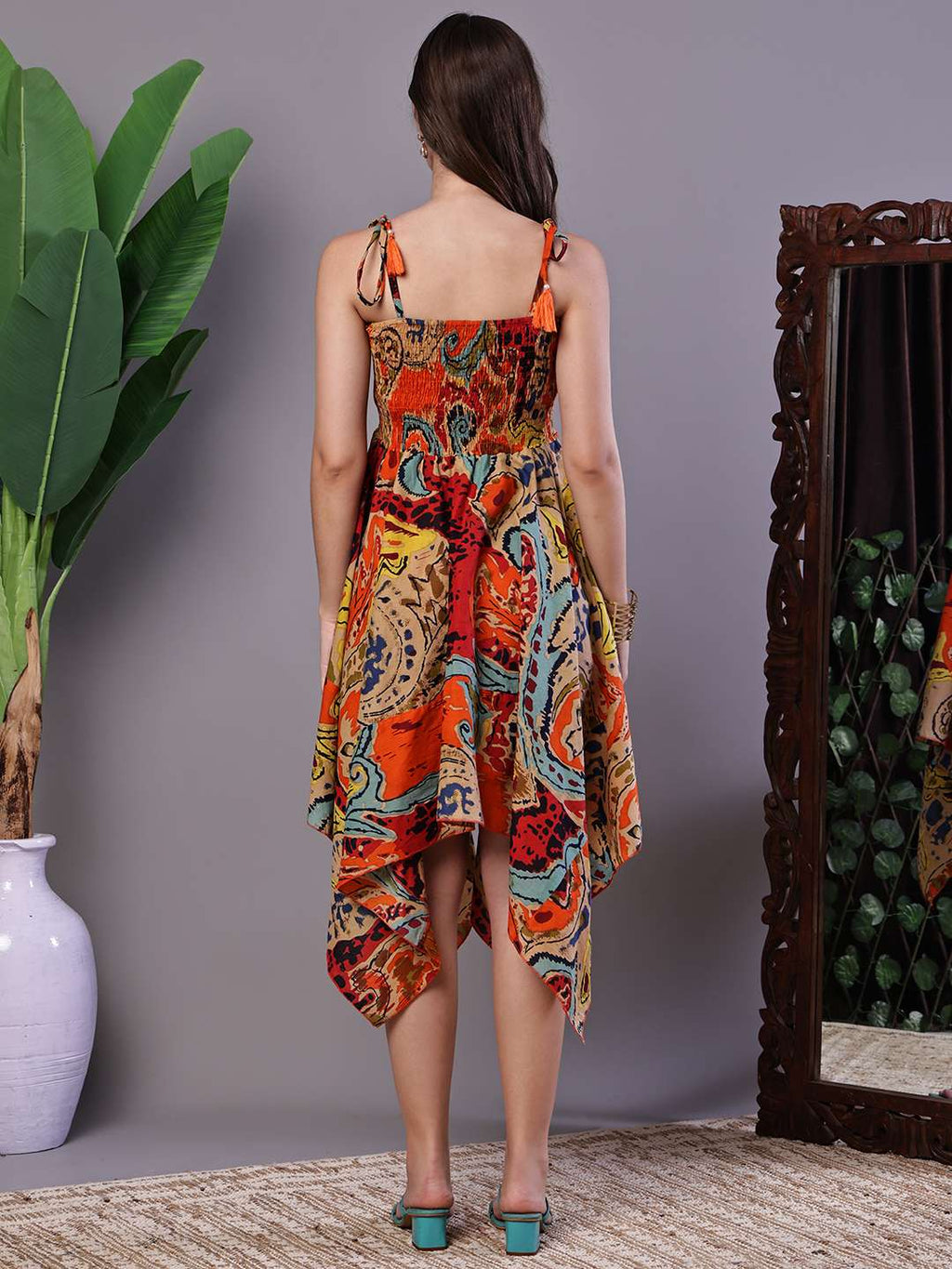 Women's Multicolor Abstract Printed Cotton Handkerchief Hem Dress Midi Dresses