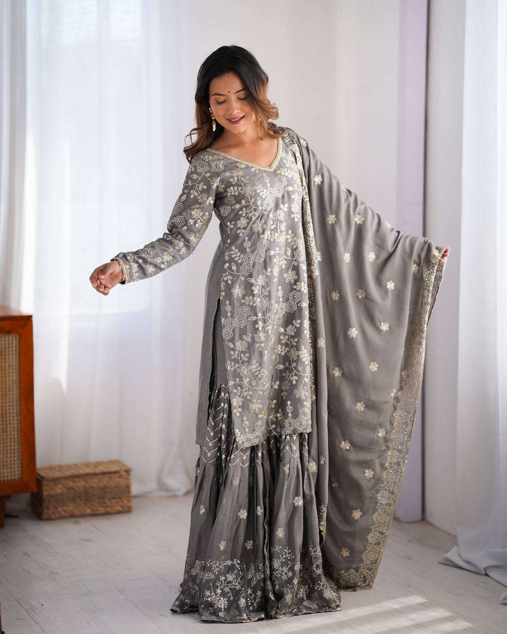 Women's Chinon Silk Embroidery Sequence Work Straight Kurti With Sharara Suit and Dupatta Set