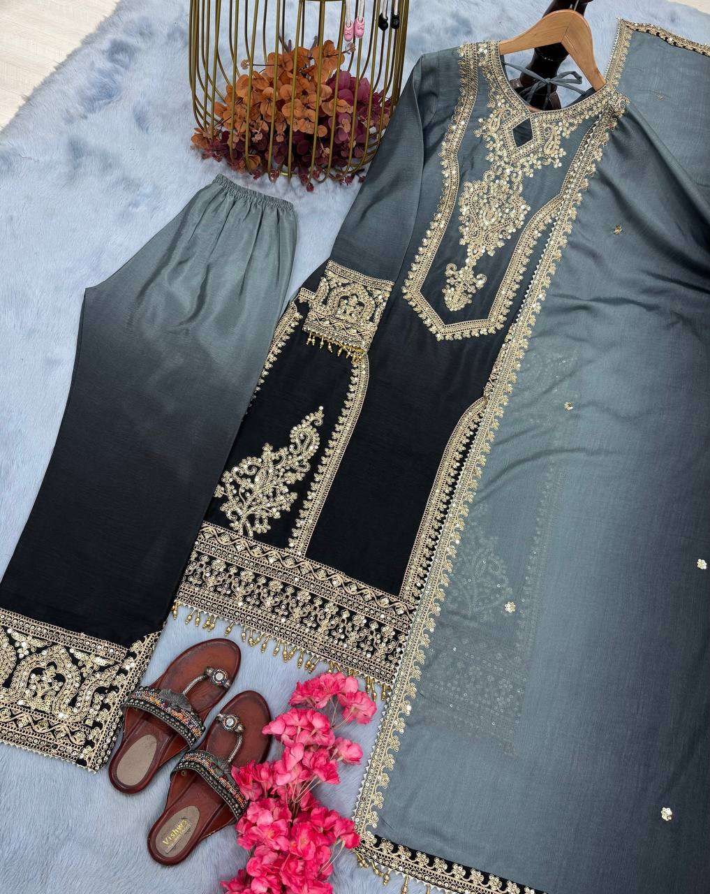 Women's Chinon Silk Embroidery Straight Pakistani Salwar Suit and Dupatta