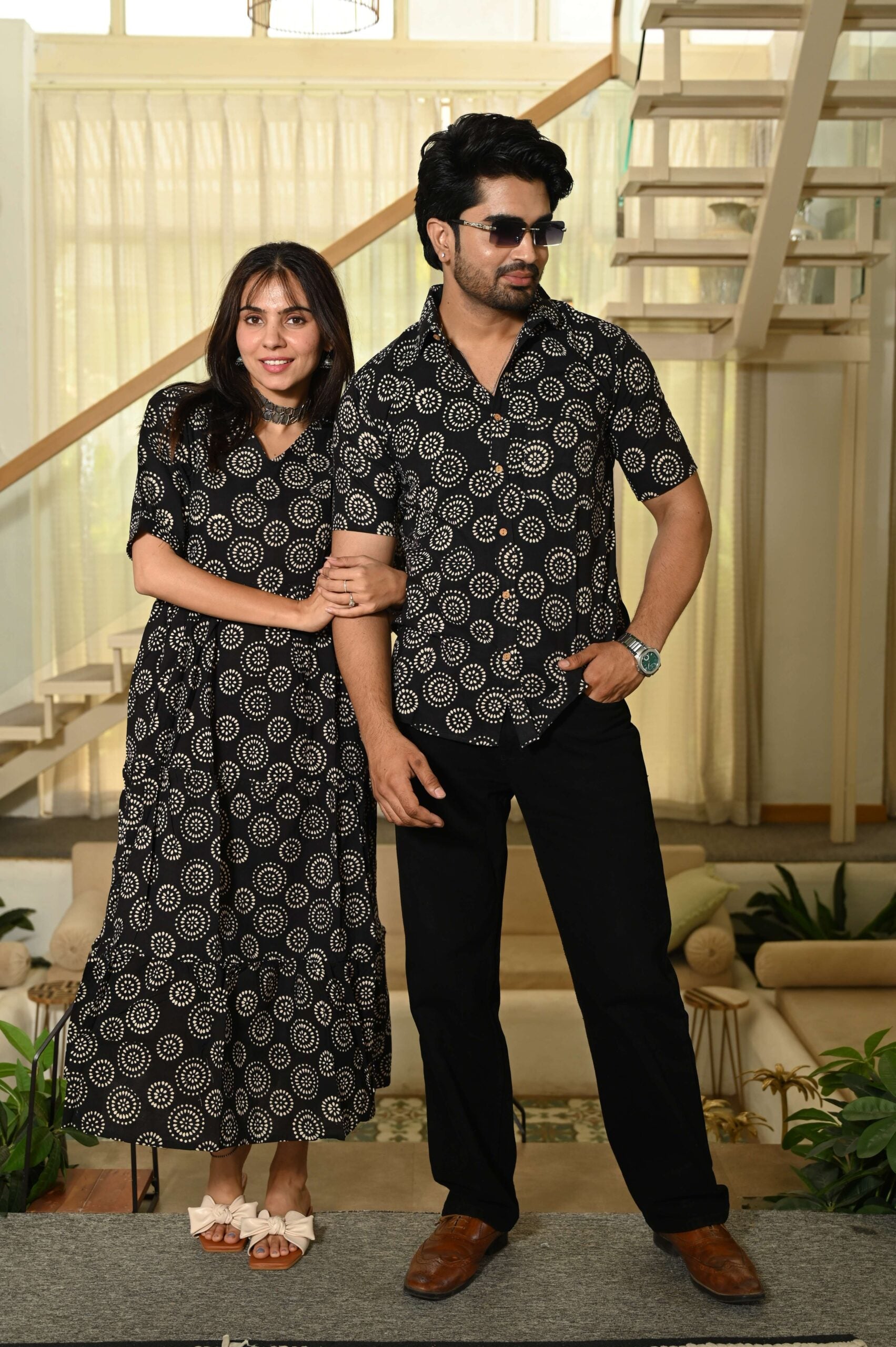 Couple Matching Black floral Printed Cotton Anarkali Midi Dress & Shirt Set ? Summer Casual Wear