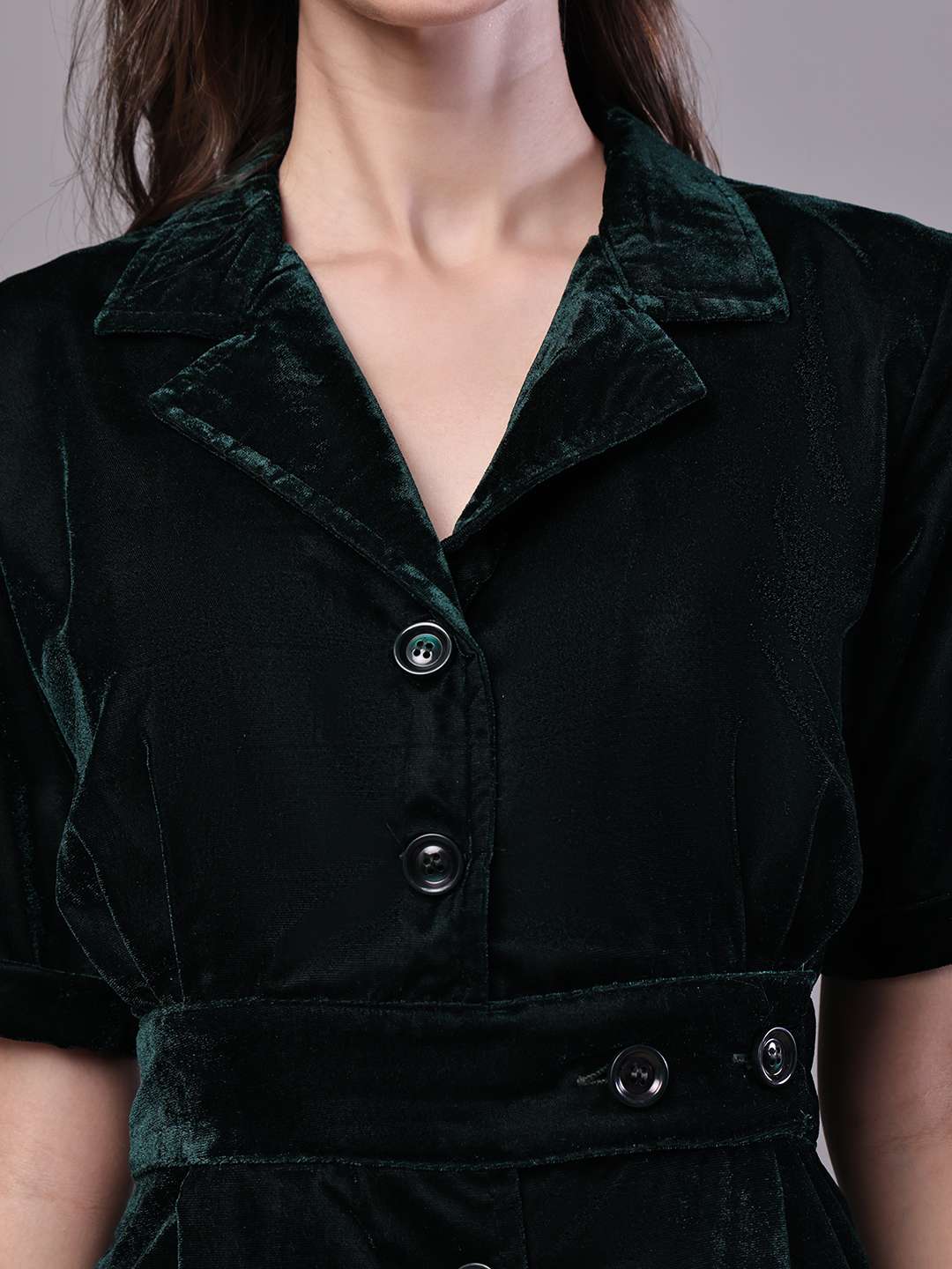Women's Black Velvet Solid Printed Shirt Midi Dress with Belt