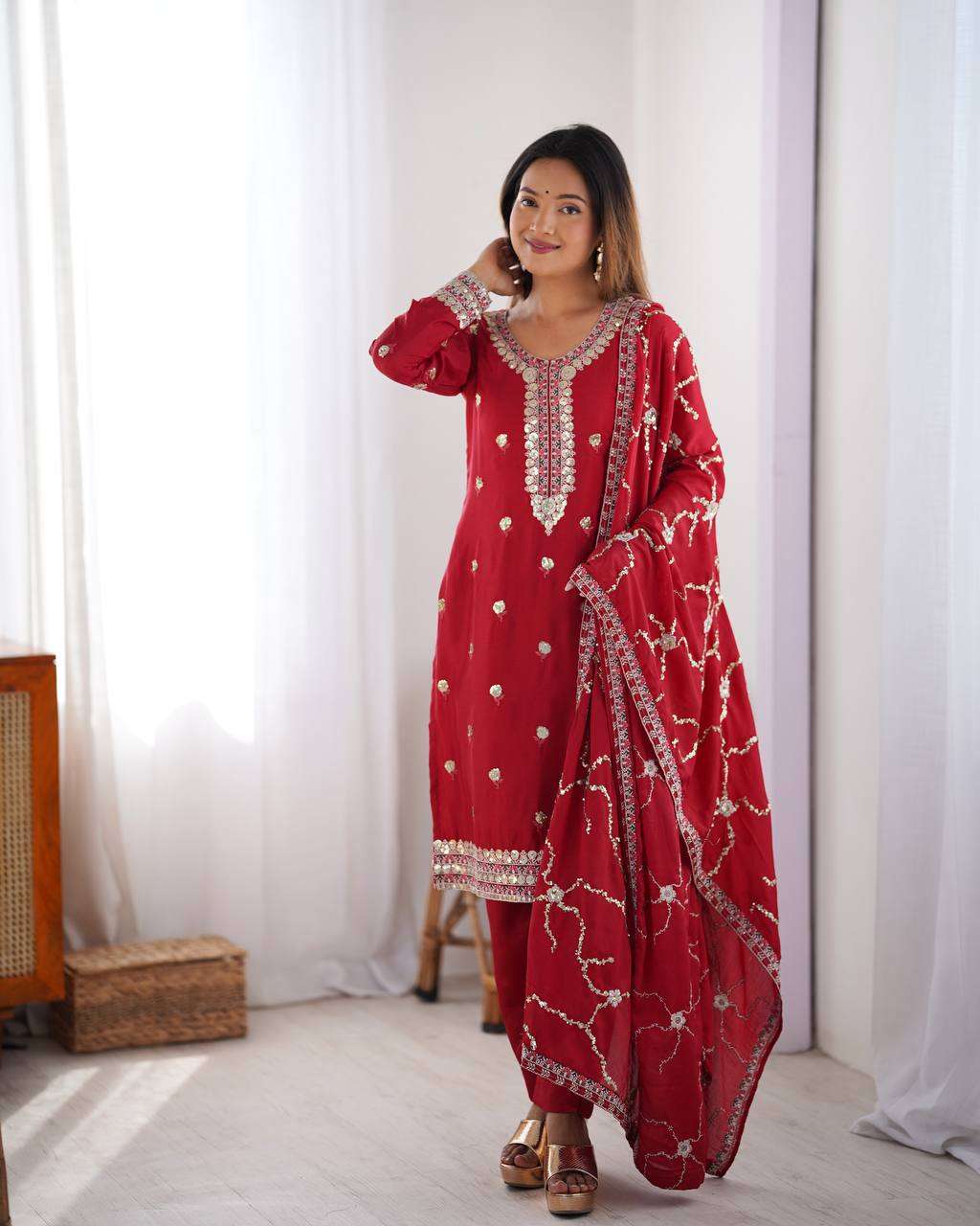 Women's Chinon Silk Embroidered Straight Kurti with Pant And Dupatta Set