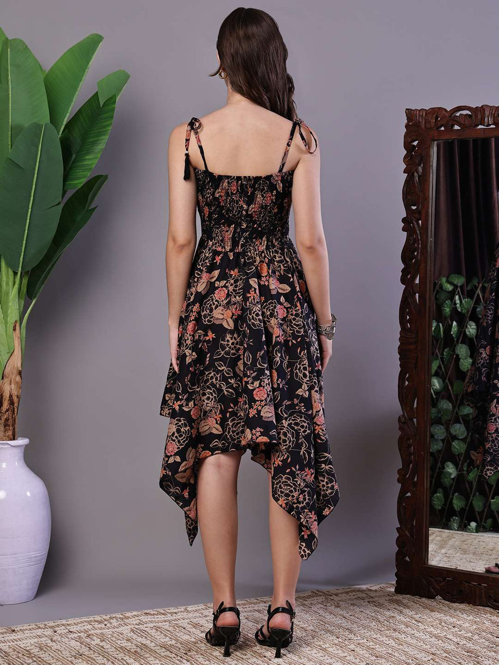 Women's Black Floral Printed Cotton Handkerchief Hem Dress Midi Dresses
