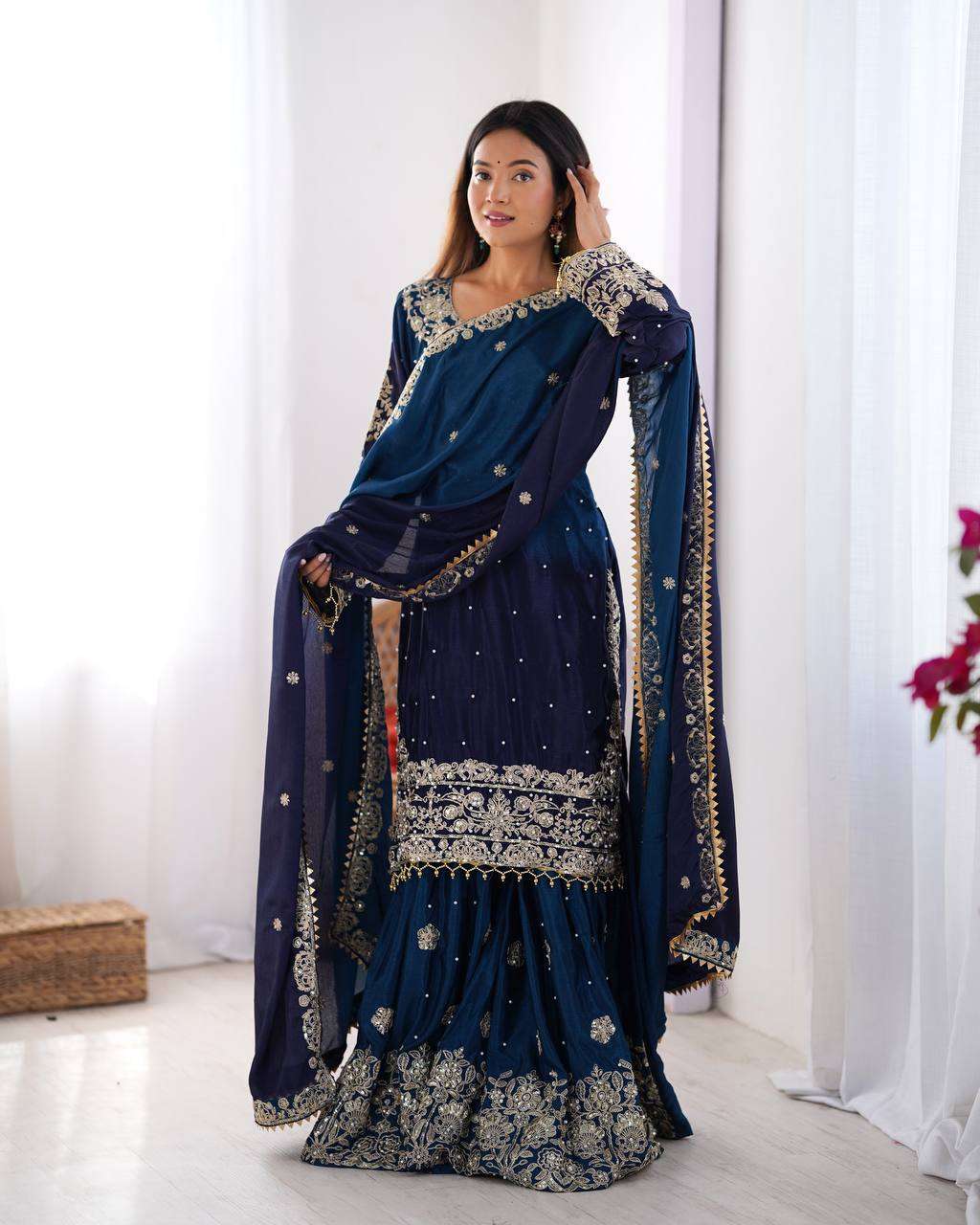 Women's Chinon Silk Sequence With Rivet Moti Work Straight Kurta With Sharara and Dupatta Set