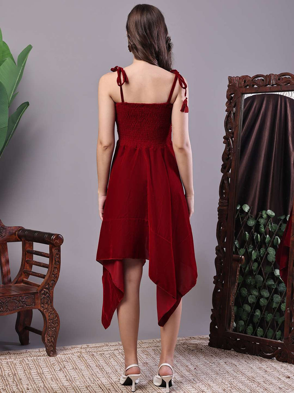 Women's Junglee Velvet Maroon Handkerchief Hem Dress