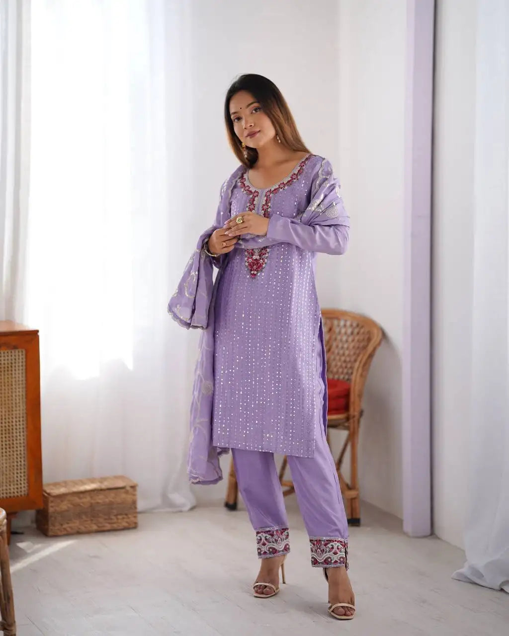 Women's Chinon Silk Sequence And Thread Work Straight Kurti With Pant and Dupatta Set