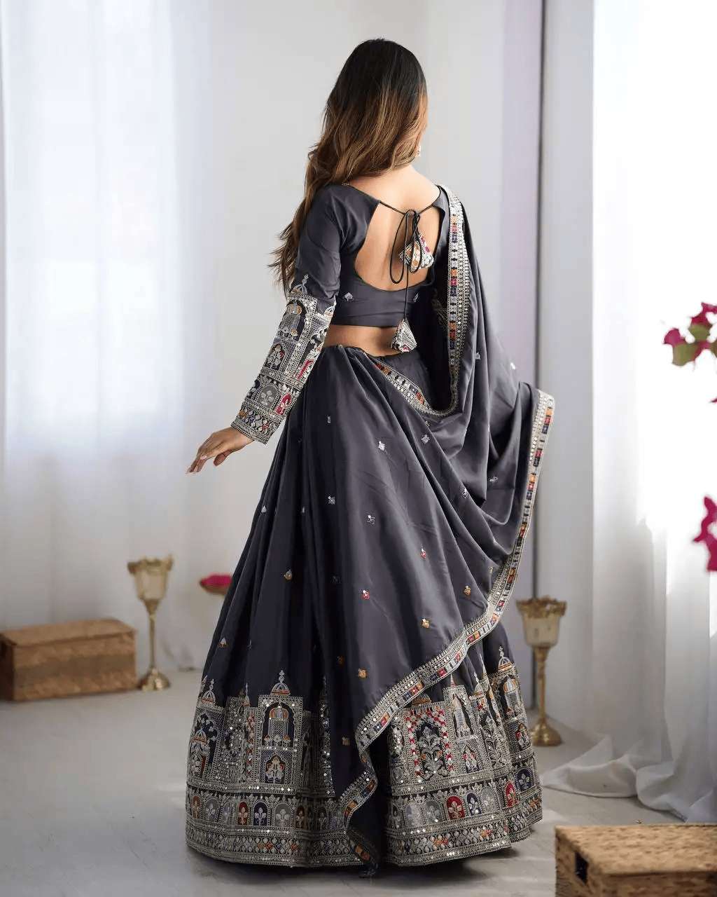 Women's Crepe Silk Sequence Embroidery and Zari Work Rajsthani Lehenga Choli with Dupatta