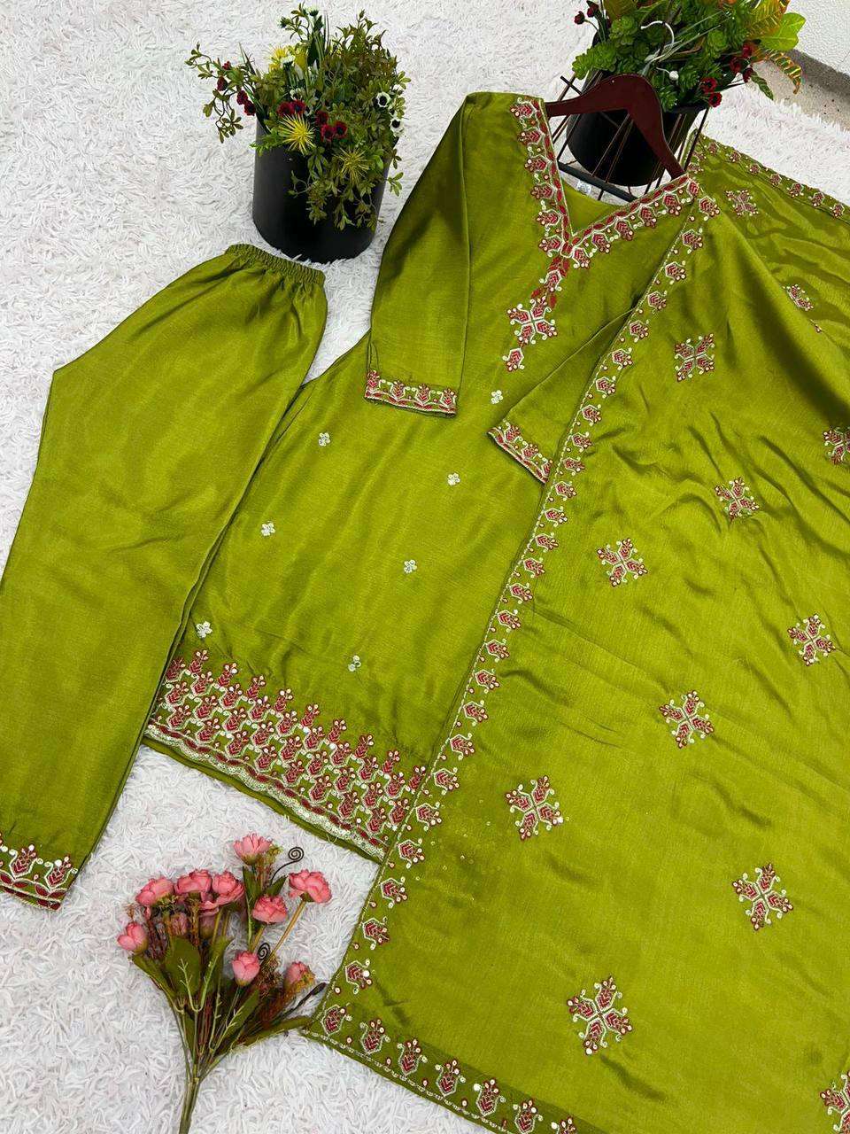 Women's Chinnon Silk Embroidery Sequence Work and Lace Work Straight Kurti With Pant and Dupatta