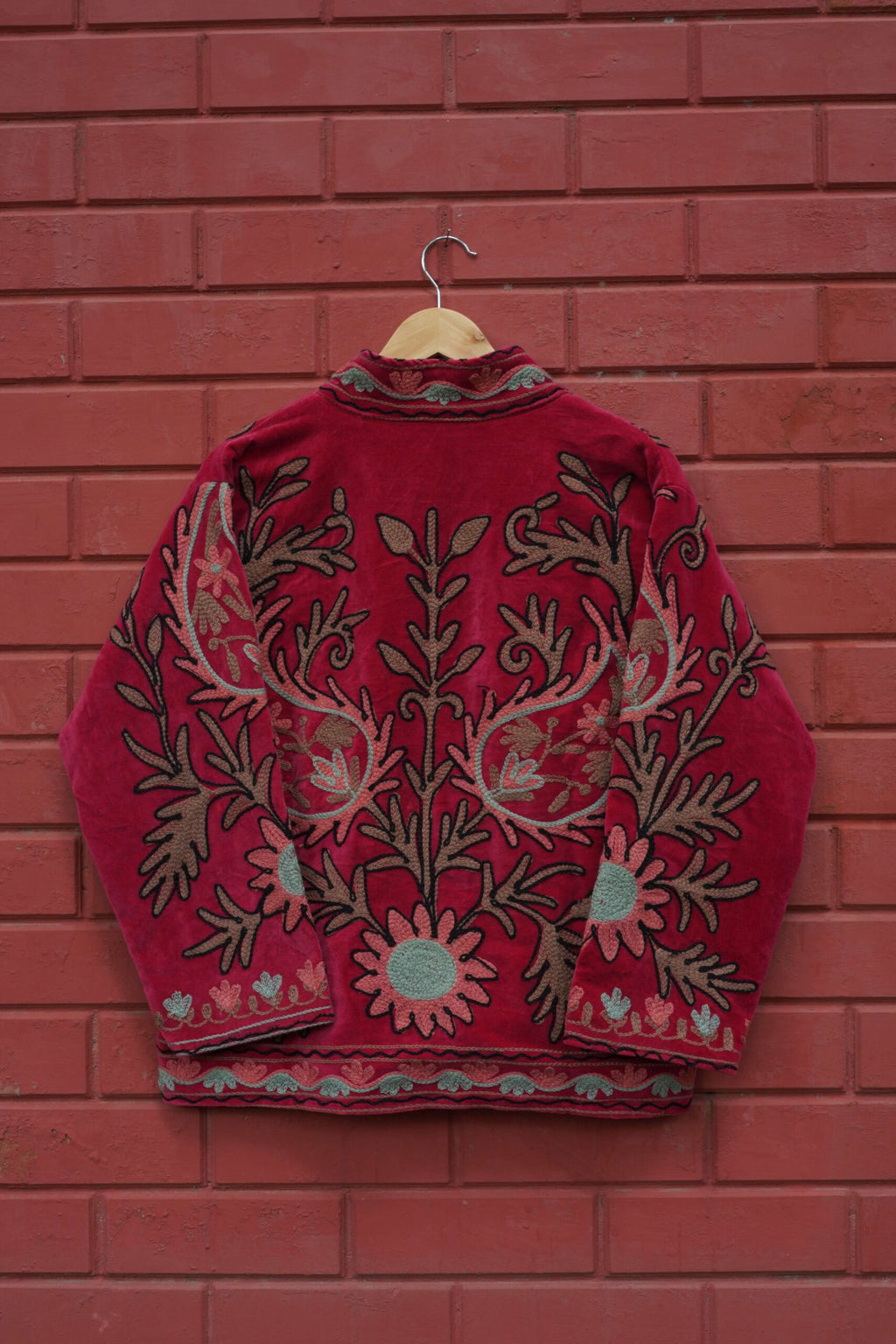 Womens Red Velvet Embroidered Jacket with Floral Design