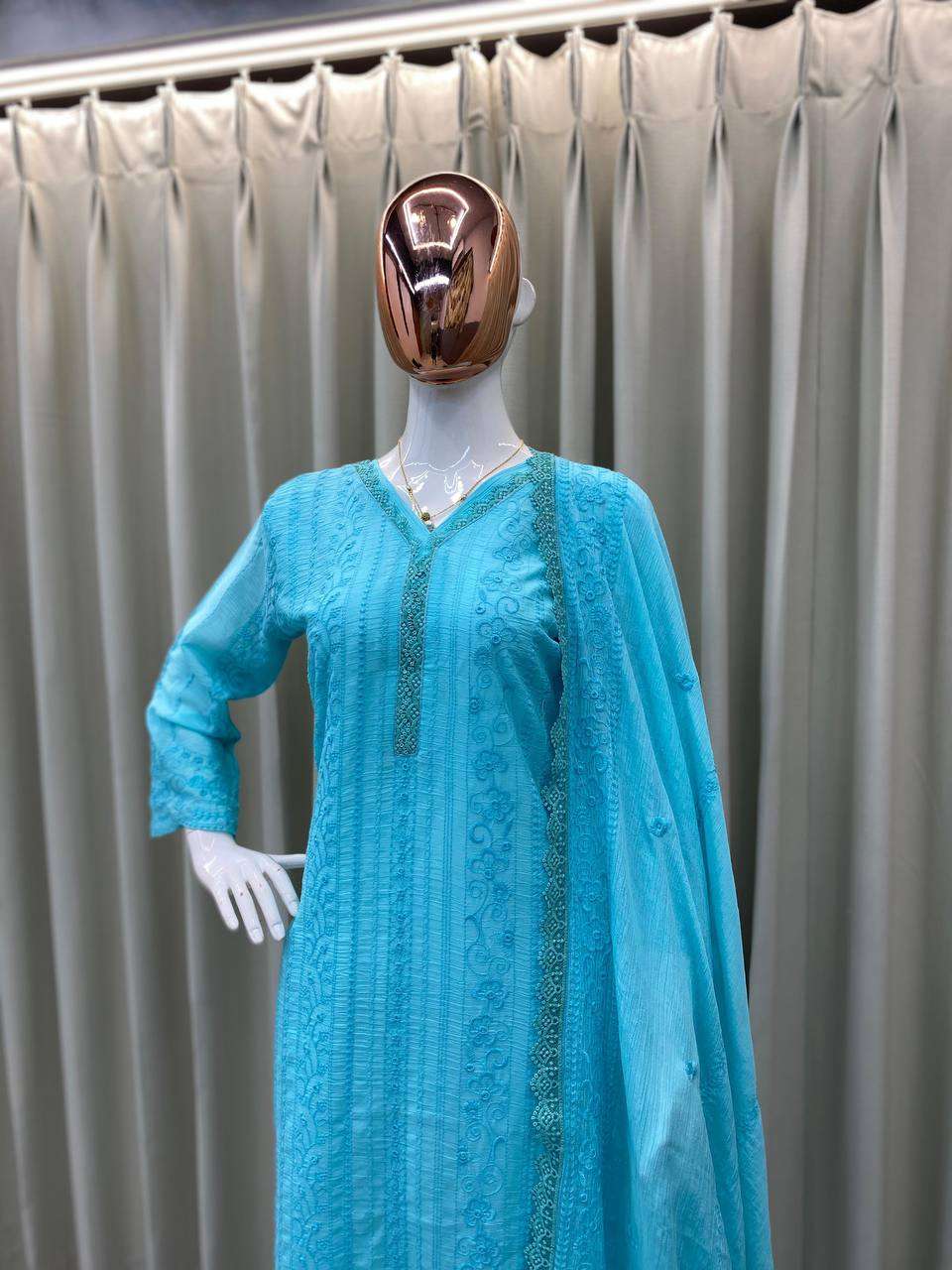Women's Chinon Silk with Cotton Thread Embroidery Straight Kurti With Pant and Dupatta set