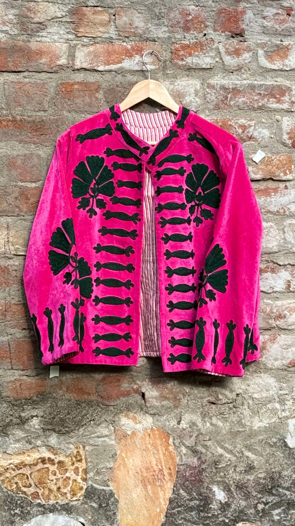 Womens Pink Velvet Embroidered Jacket with Floral Design