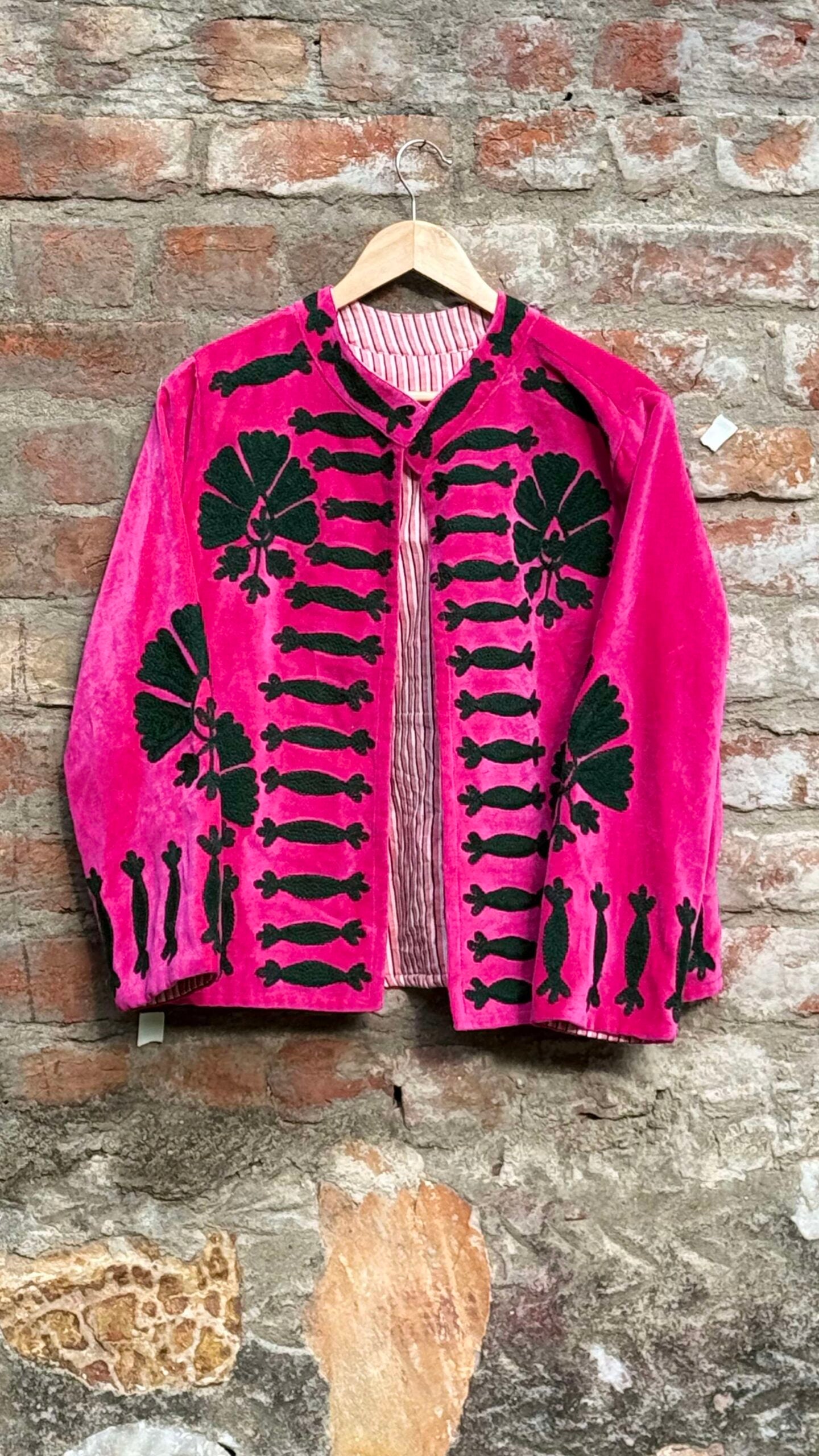 Womens Pink Velvet Embroidered Jacket with Floral Design