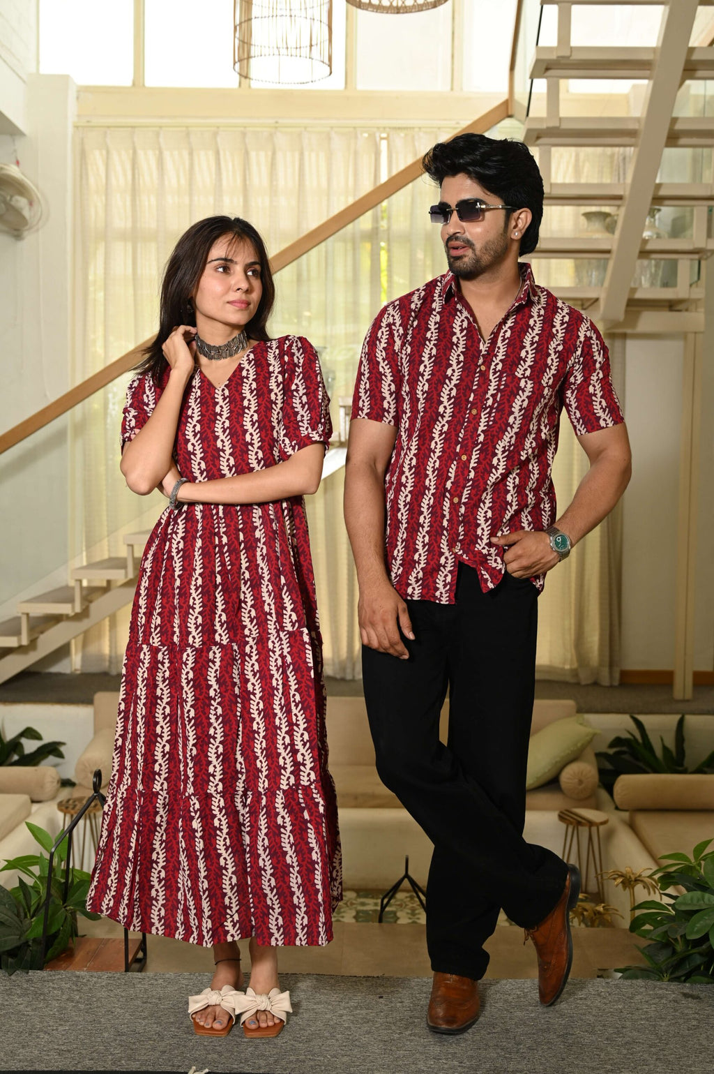 Couple Matching Red Cotton Anarkali Midi Dress and Shirt Set ? Vertical Vine Block Print