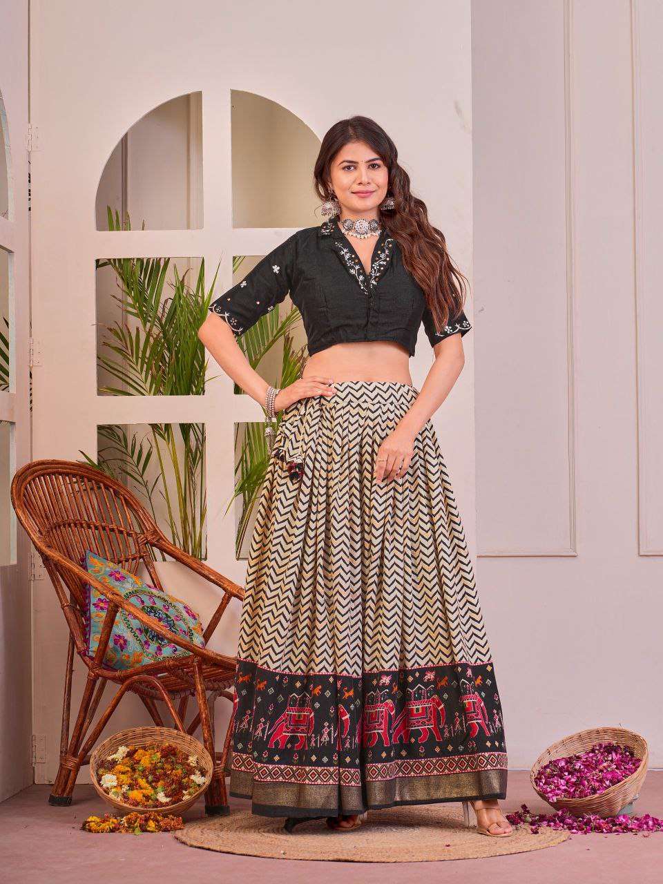 Women's Tussar Silk Patola Print Lehenga Choli Set with Foil Work