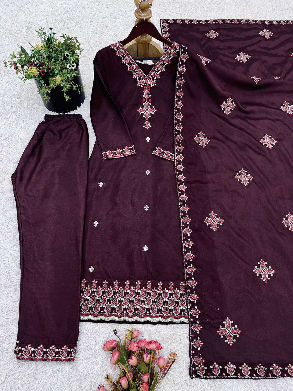 Women's Chinnon Silk Embroidery Sequence Work and Lace Work Straight Kurti With Pant and Dupatta