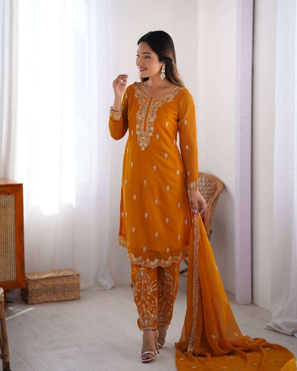 Women's Georgette Embroidery Straight Kurti with Pant And Dupatta Set