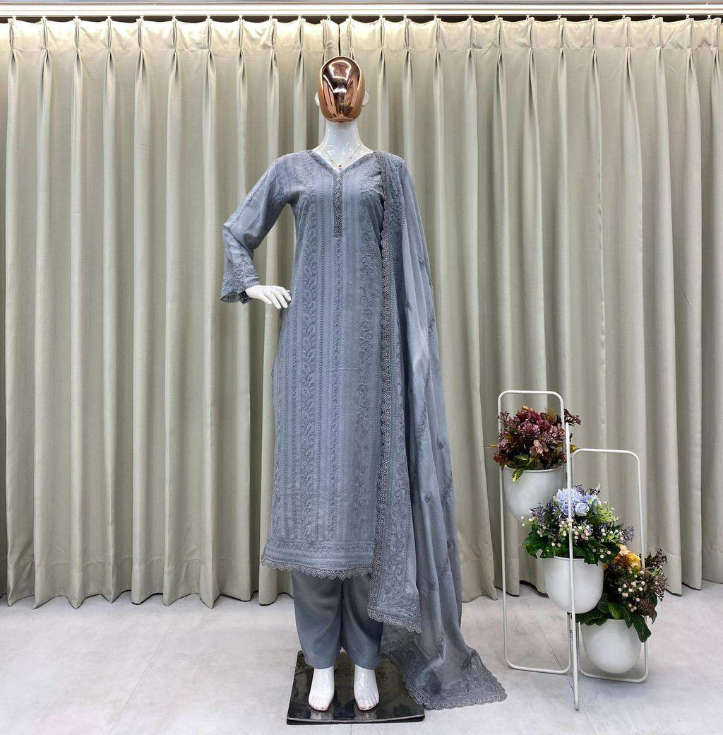 Women's Chinon Silk with Cotton Thread Embroidery Straight Kurti With Pant and Dupatta set
