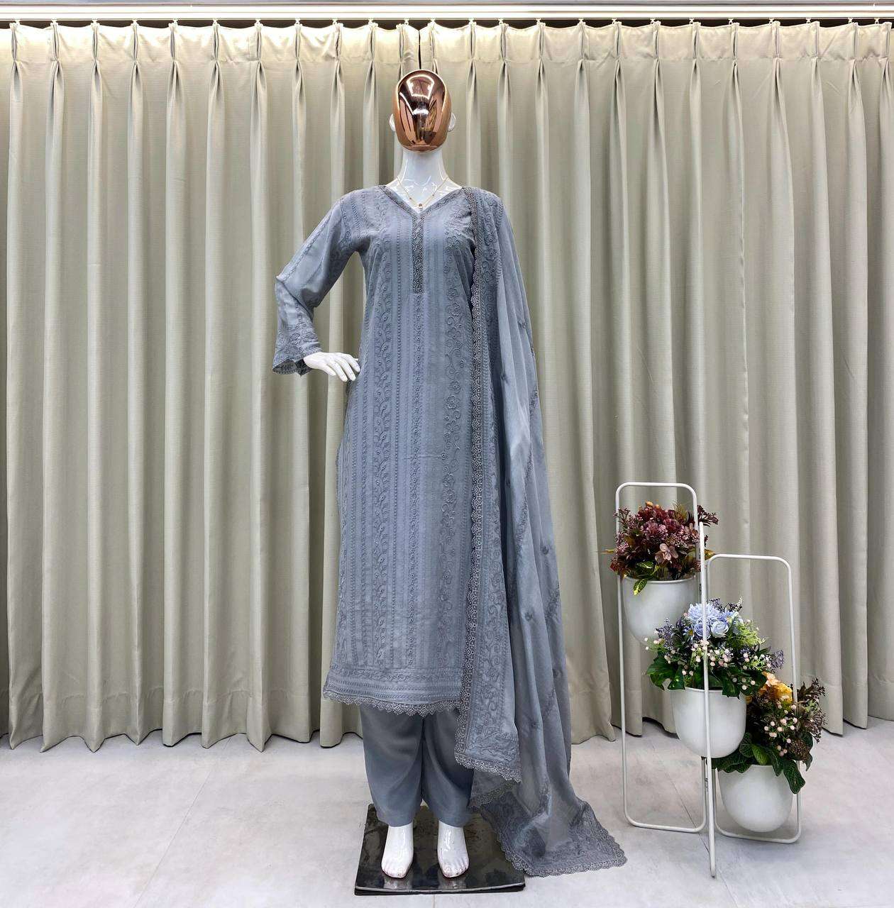 Women's Chinon Silk with Cotton Thread Embroidery Straight Kurti With Pant and Dupatta set