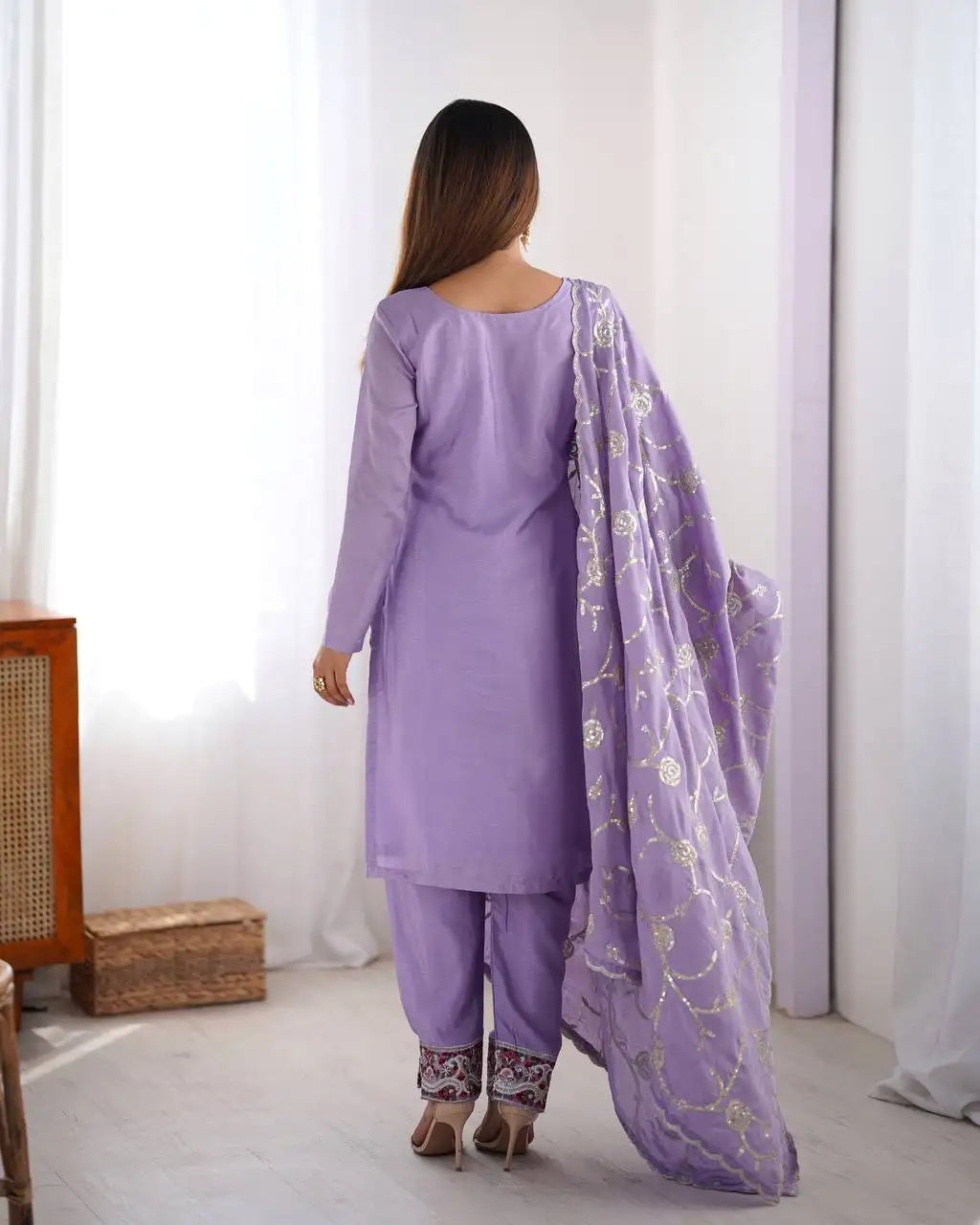 Women's Chinon Silk Sequence And Thread Work Straight Kurti With Pant and Dupatta Set