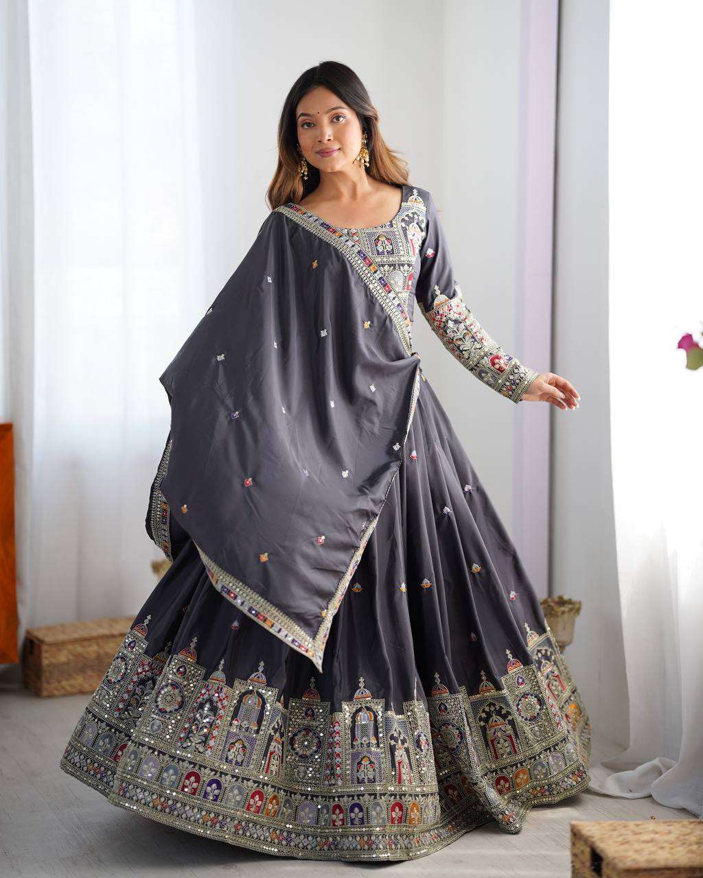 Women's Crepe Silk Sequence Embroidery and Zari Work Rajsthani Lehenga Choli with Dupatta