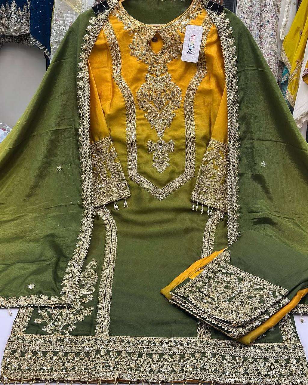 Women's Chinon Silk Embroidery Straight Pakistani Salwar Suit and Dupatta