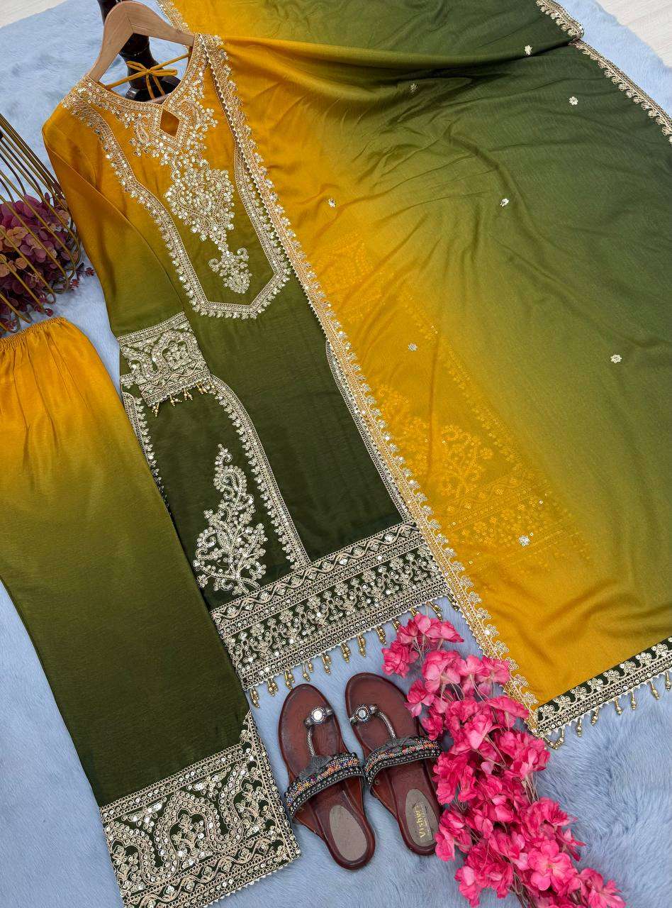 Women's Chinon Silk Embroidery Straight Pakistani Salwar Suit and Dupatta