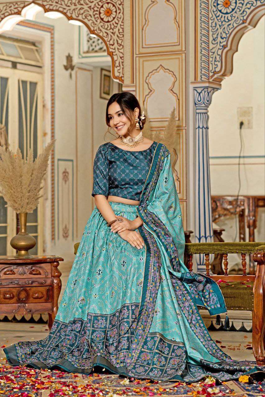 Women's Tussar Silk Patola Print Lehenga Choli Dupatta Set