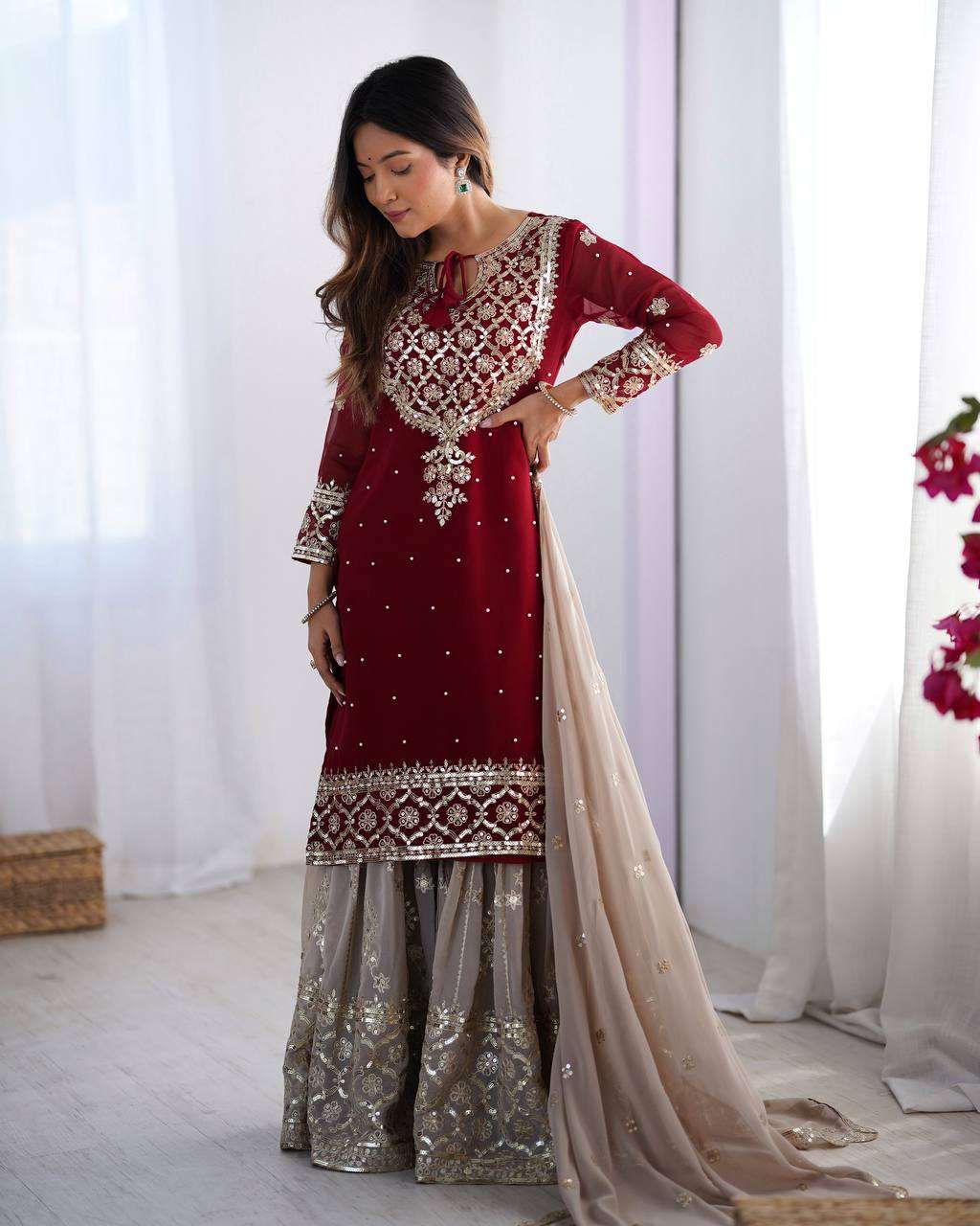 Women's Faux Georgette Sequins Embroidered Straight Kurta With Sharara Suit and Dupatta Set
