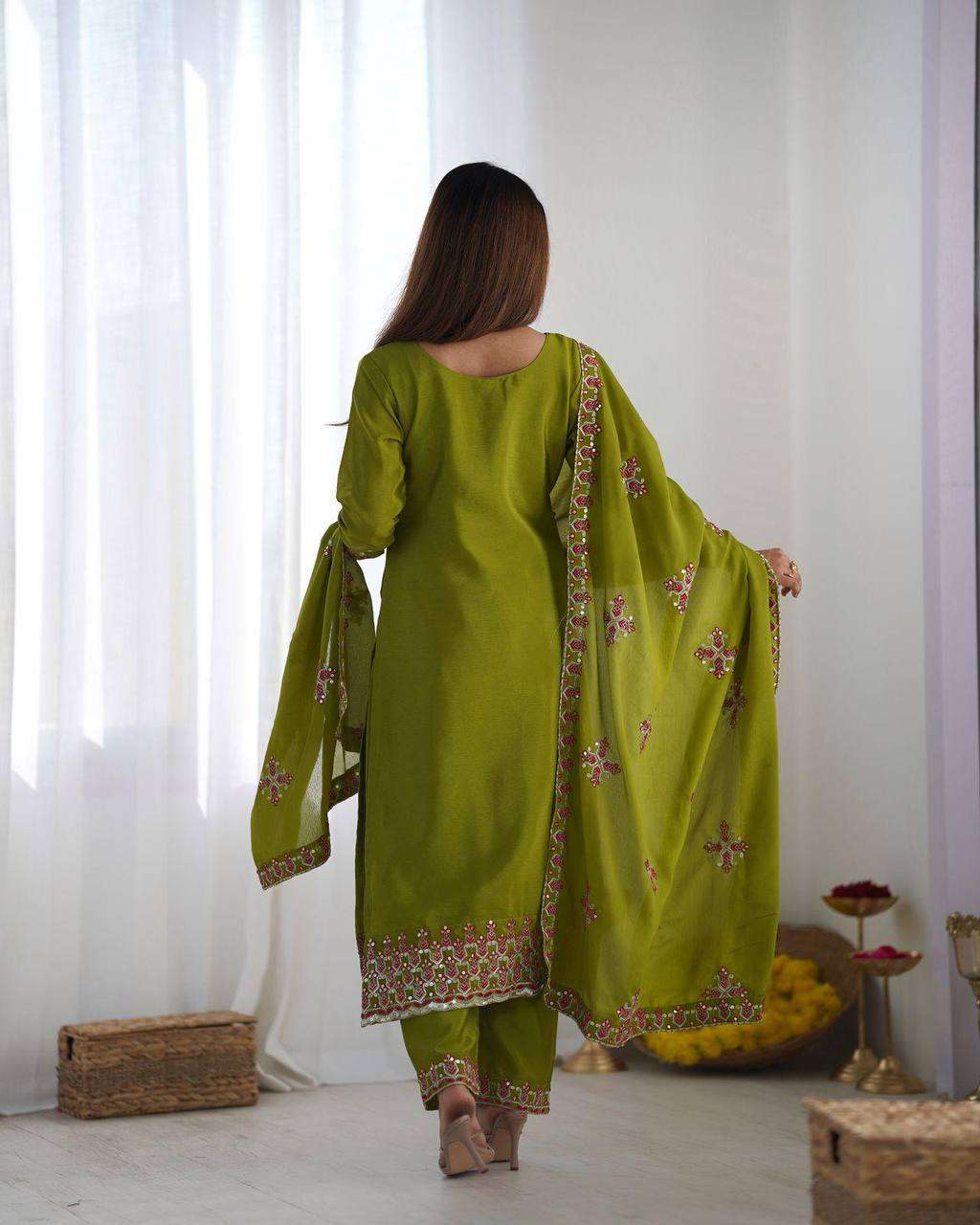 Women's Chinnon Silk Embroidery Sequence Work and Lace Work Straight Kurti With Pant and Dupatta
