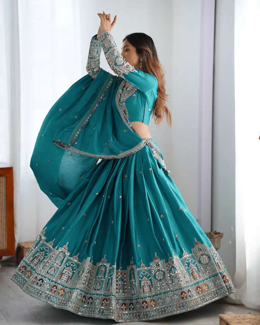 Women's Crepe Silk Sequence Embroidery and Zari Work Rajsthani Lehenga Choli with Dupatta