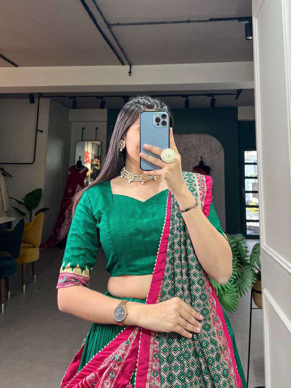 Women's Stitched Ethnic Lehenga Choli with Zari Border and Contrast Dupatta