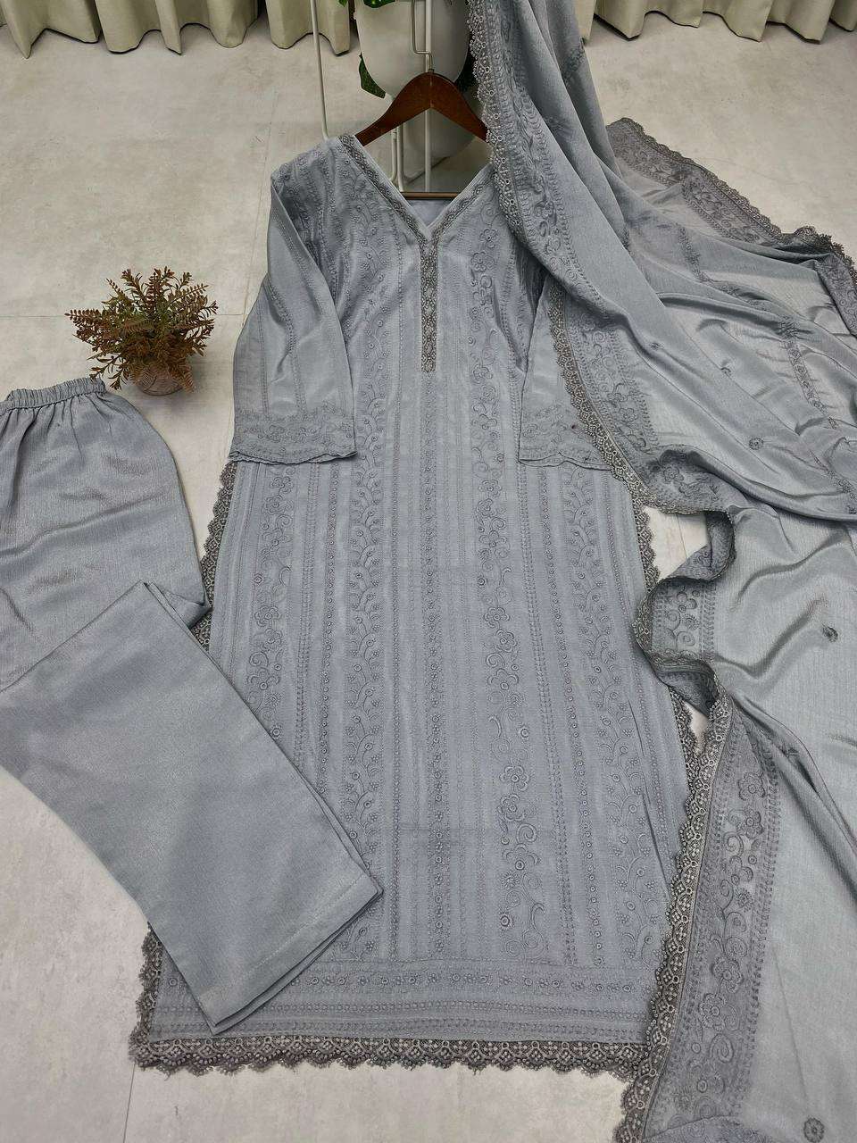Women's Chinon Silk with Cotton Thread Embroidery Straight Kurti With Pant and Dupatta set