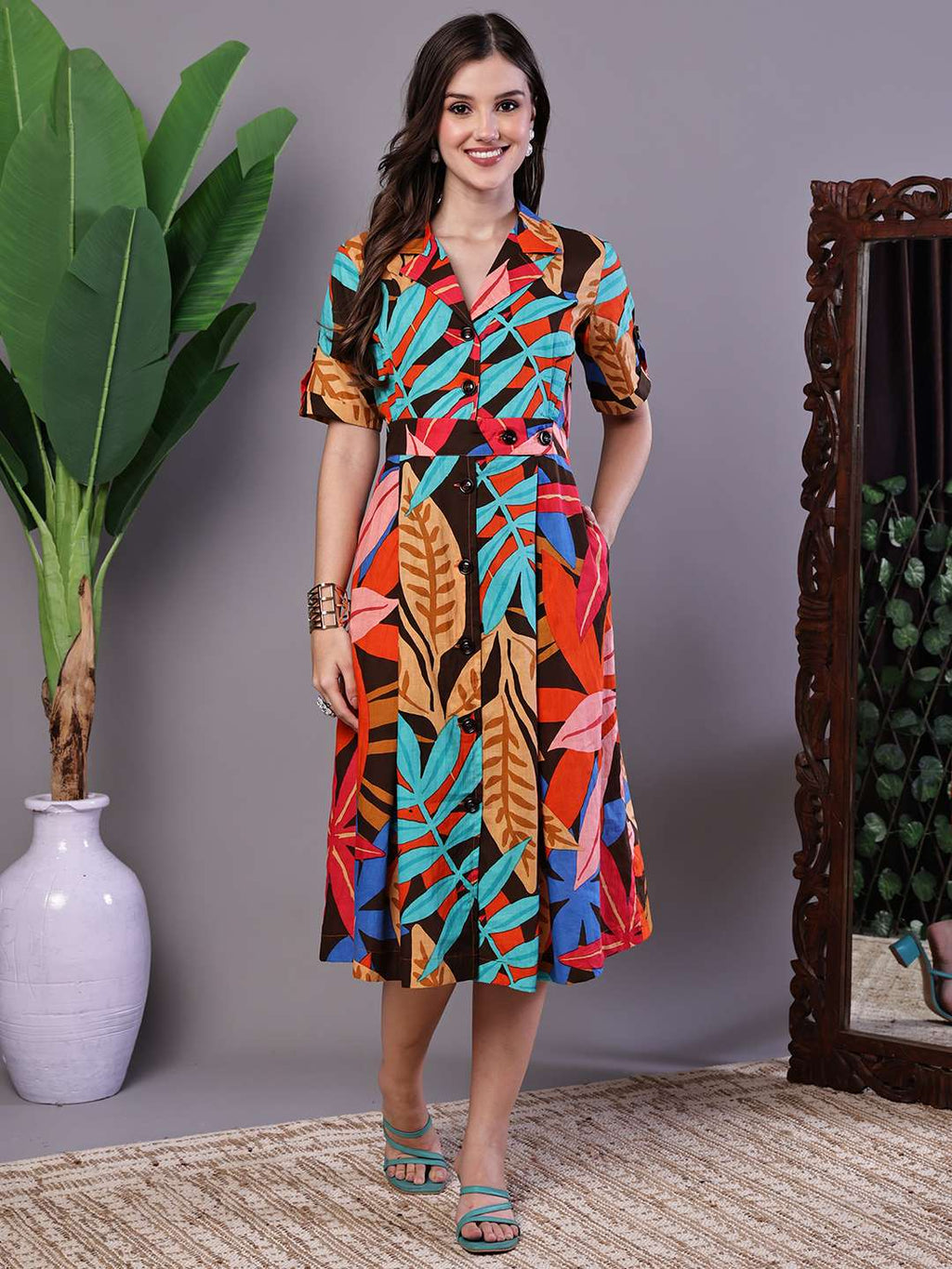 Women's Leaf Print Button-Down Cotton Midi Dress