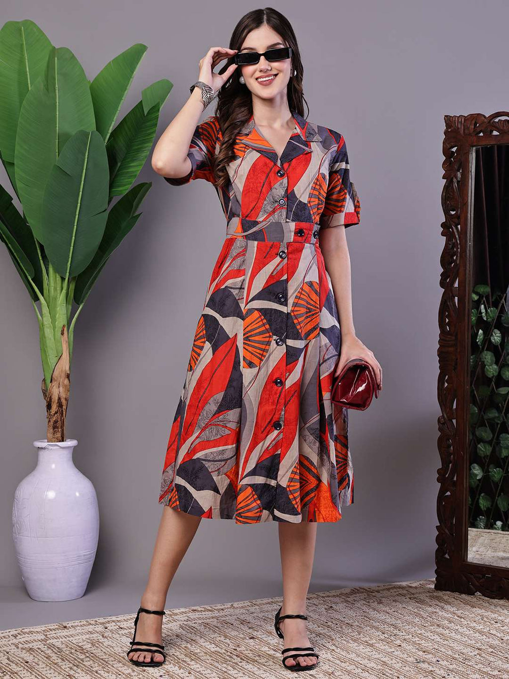 Women's Leaf Print Button-Down Cotton Midi Dress