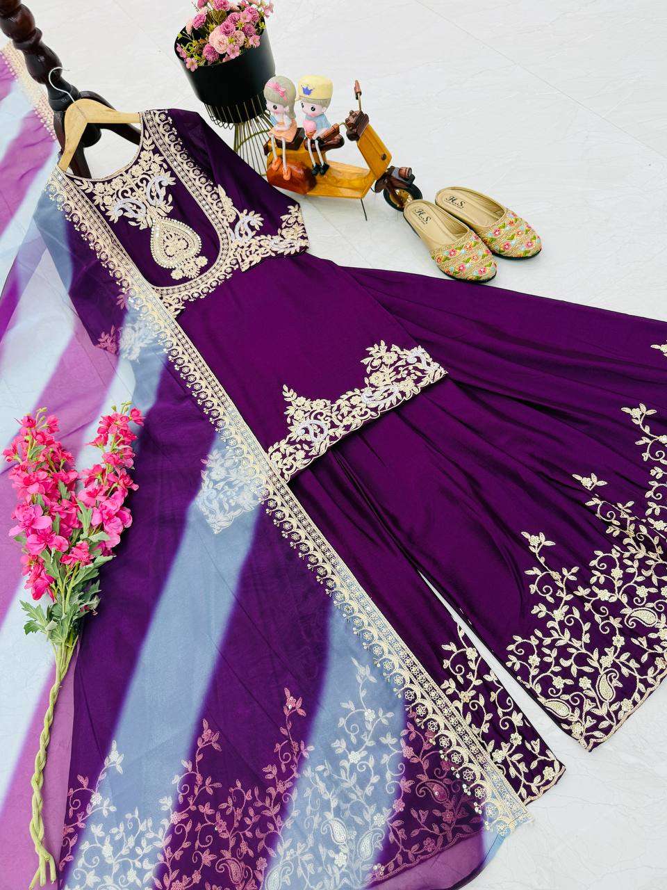Women's Chinon Silk Sequence Embroidery Work Straight Kurti With Sharara Suit and Dupatta Set