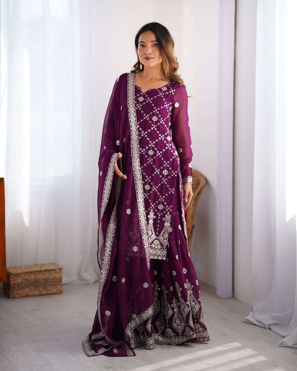 Women's Georgette Embroidery Work Straight Kurta With Sharara Suit and Dupatta Set
