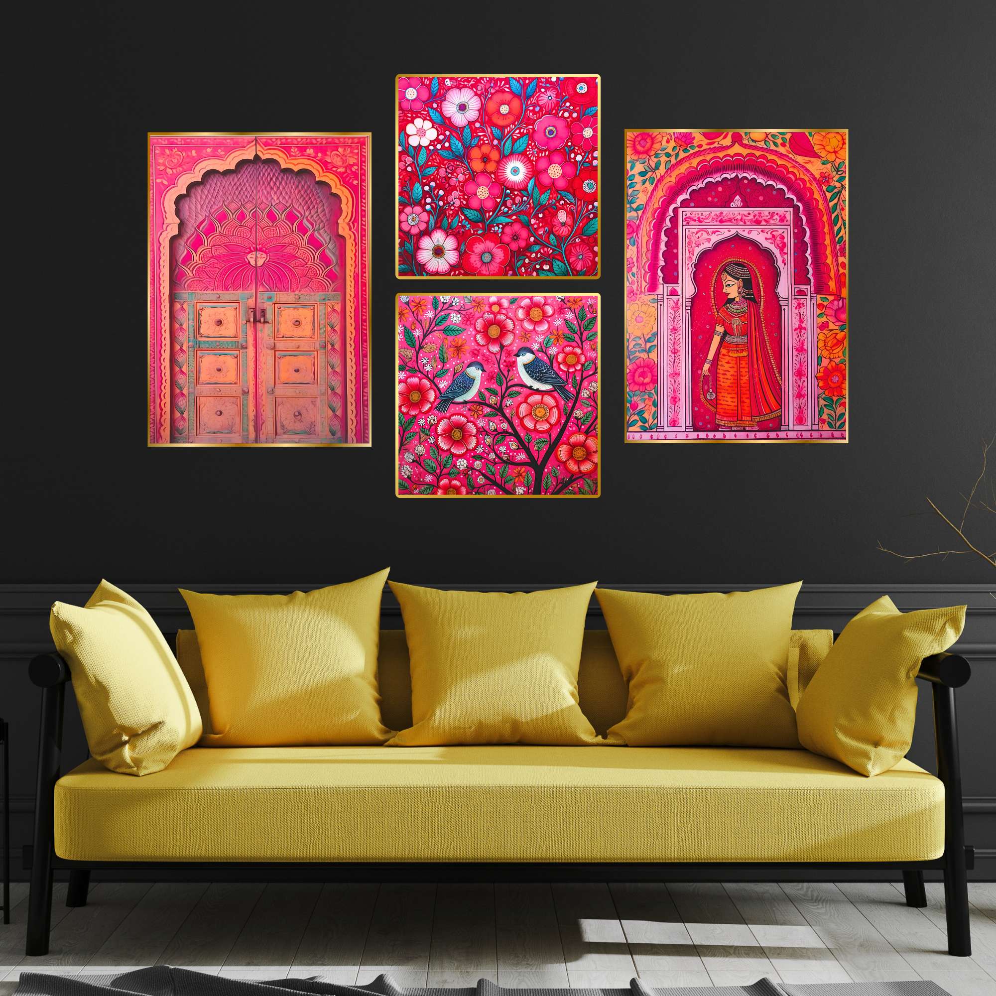 Set of Four Wall Paintings for Wall Dacoration Golden Framed Wall Paintings for Living Room & Bedroom Wall Art for Home Decoration & Office Wall Décor (13x10 inch CH-GD4-1)