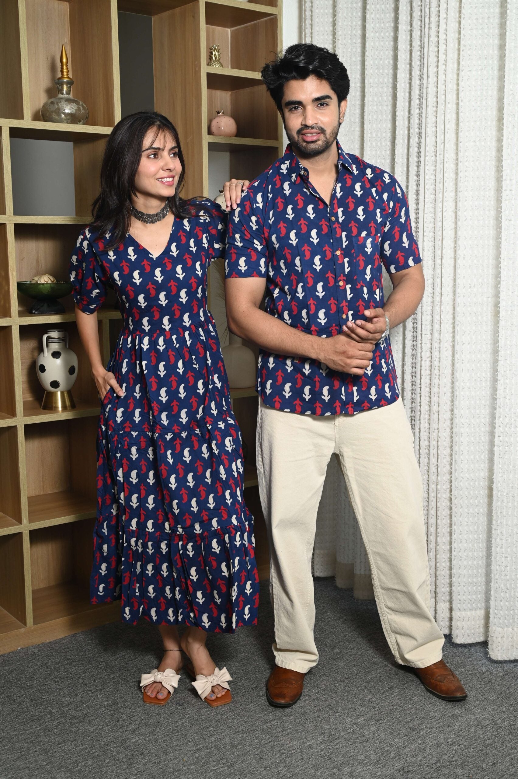 Couple Matching Navy Blue Cotton Anarkali Midi Dress and Shirt Set ? Red & White Abstract Print