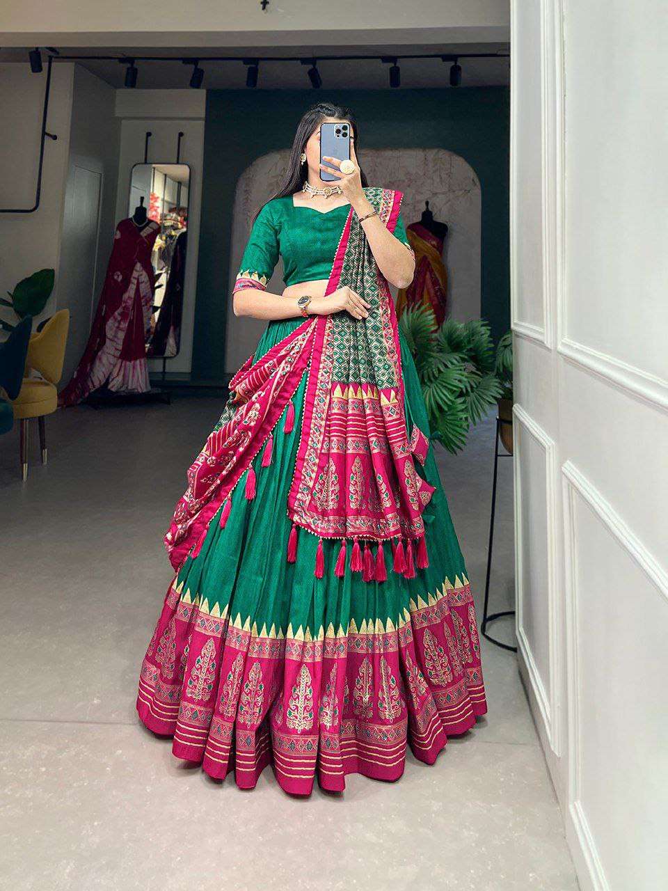 Women's Stitched Ethnic Lehenga Choli with Zari Border and Contrast Dupatta