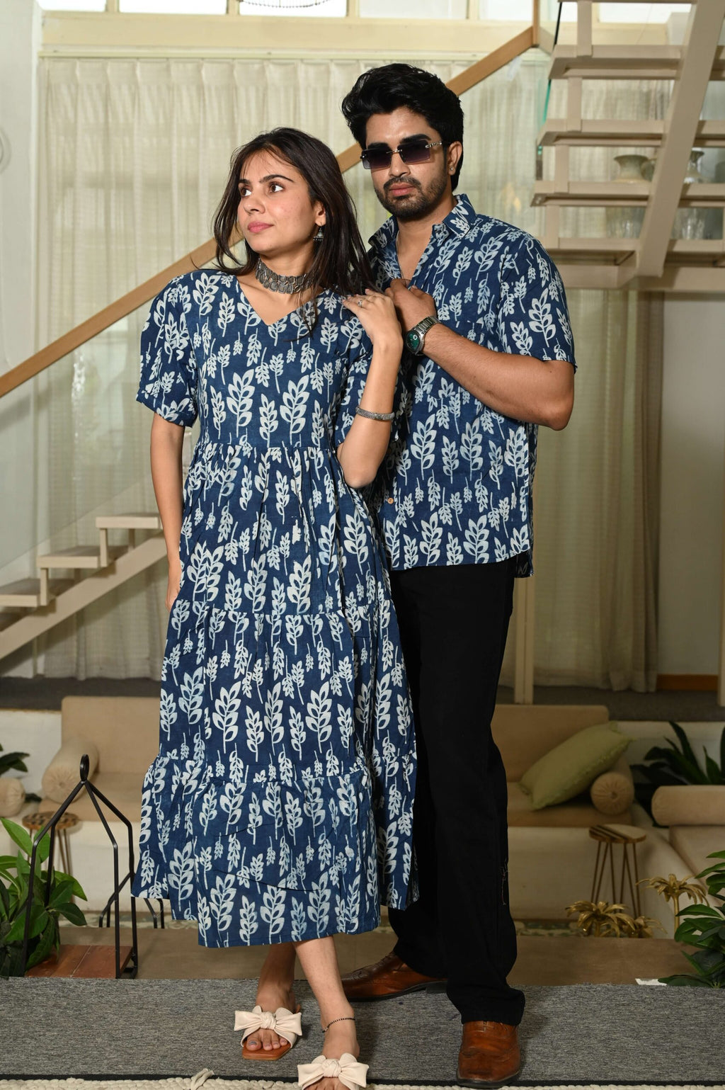 Couple Matching Blue Leaf Print Cotton Anarkali Midi Dress and Shirt Set