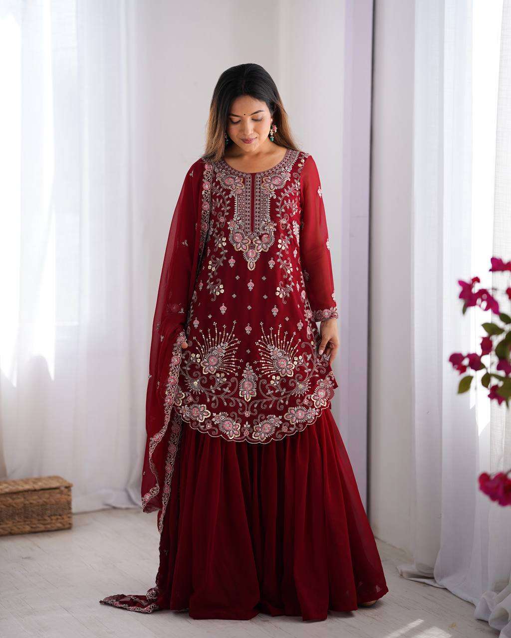 Women's Faux Georgette Sequins & Thread Work Straight Kurta With Sharara Suit and Dupatta Set